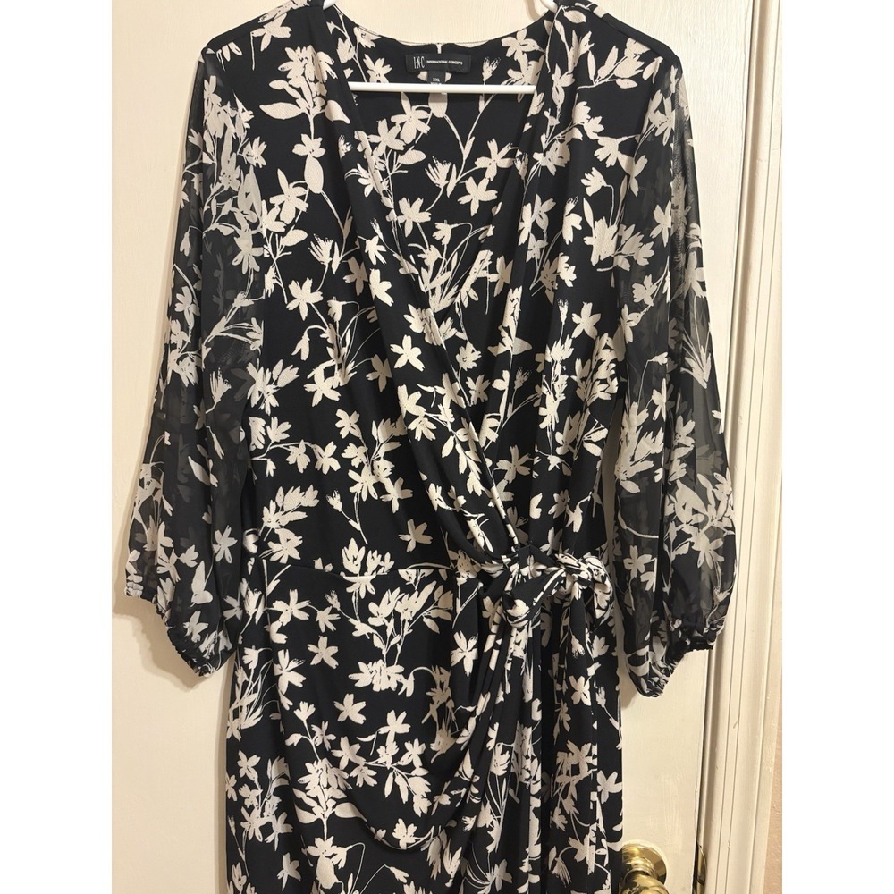 INC International Concepts Black White Floral Wrap Dress V-Neck Tie XXL